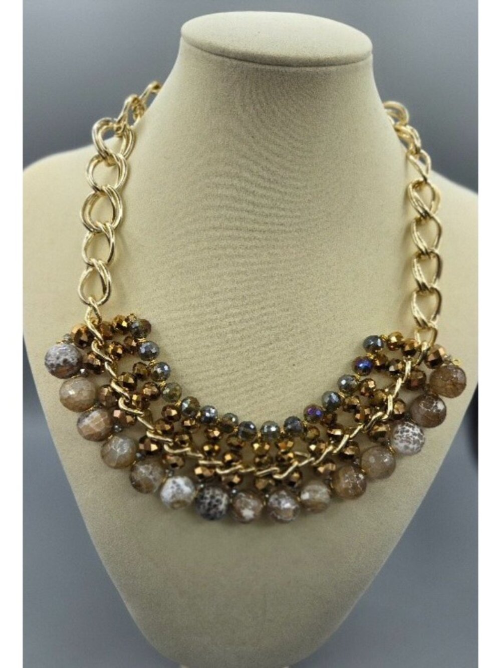 Chunky Agate and Glass Bead Statement Necklace 16-18" with Large Gold Tone Chain